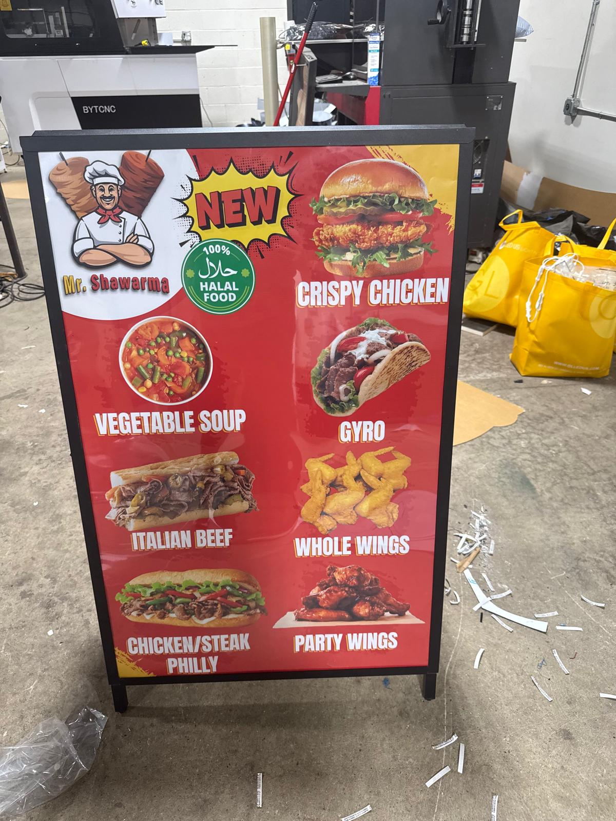 Mr. Shawarma custom promotional sidewalk menu sign