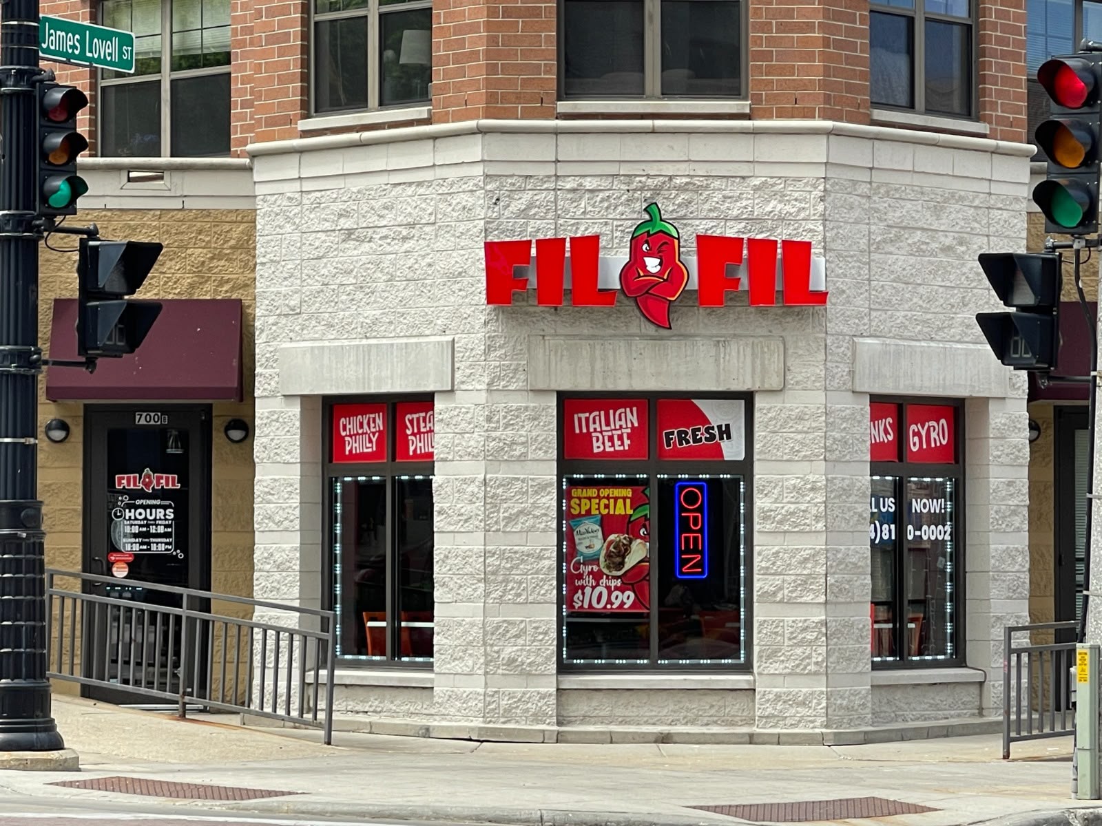 FilFil red channel letter storefront sign mounted above the restaurant entrance