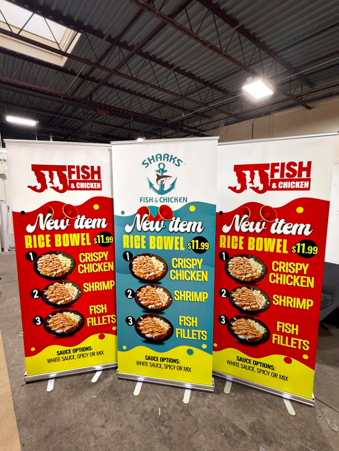 Promotional roll-up banner displays produced for Sharks Fish and Chicken