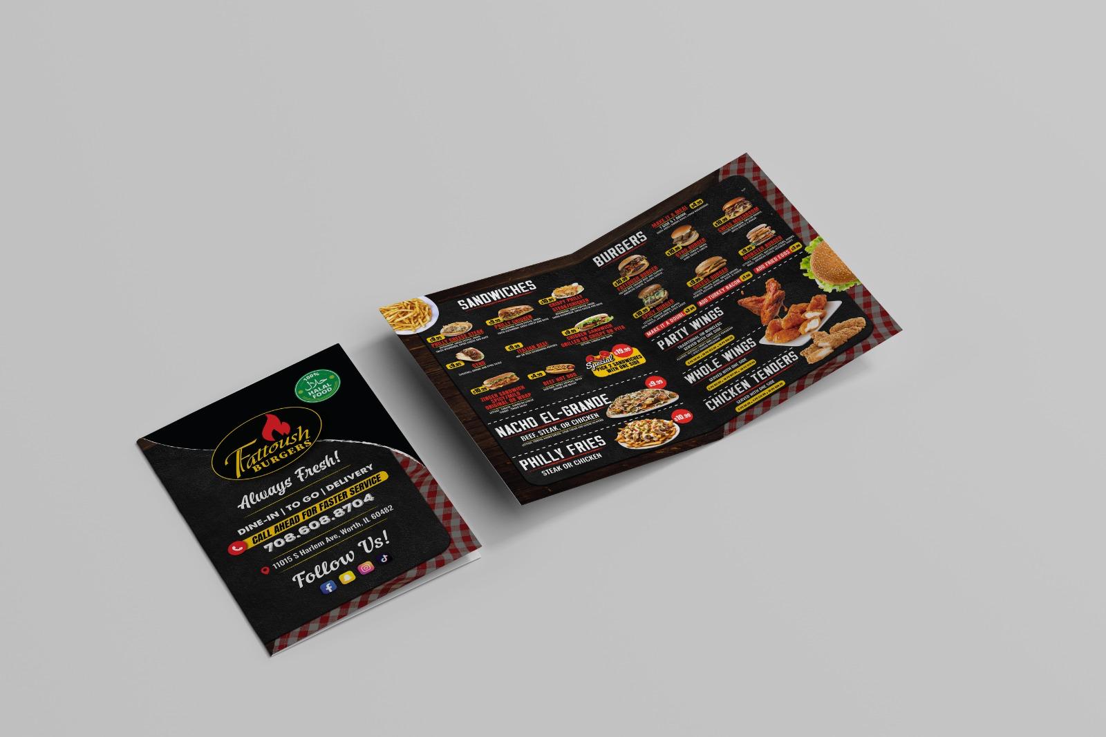 Fattoush Burgers custom printed restaurant menu and promotional brochure