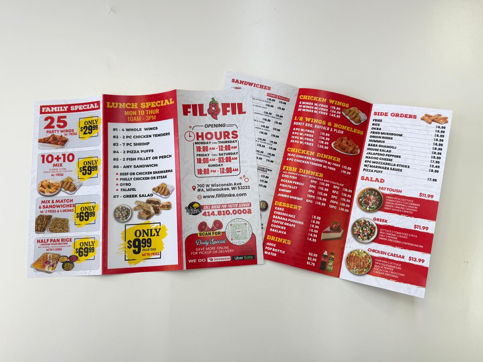 FilFil custom printed restaurant menu and promotional brochure