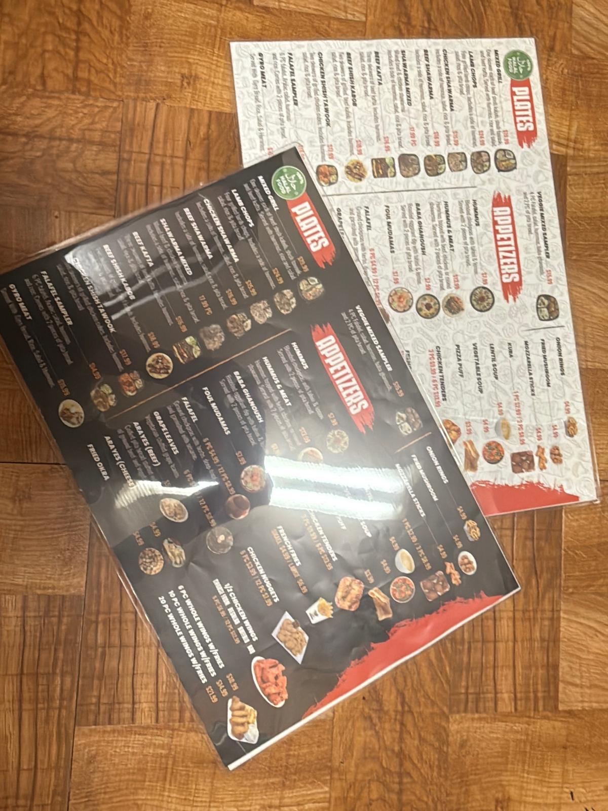 Custom printed and laminated restaurant menus with food items and pricing