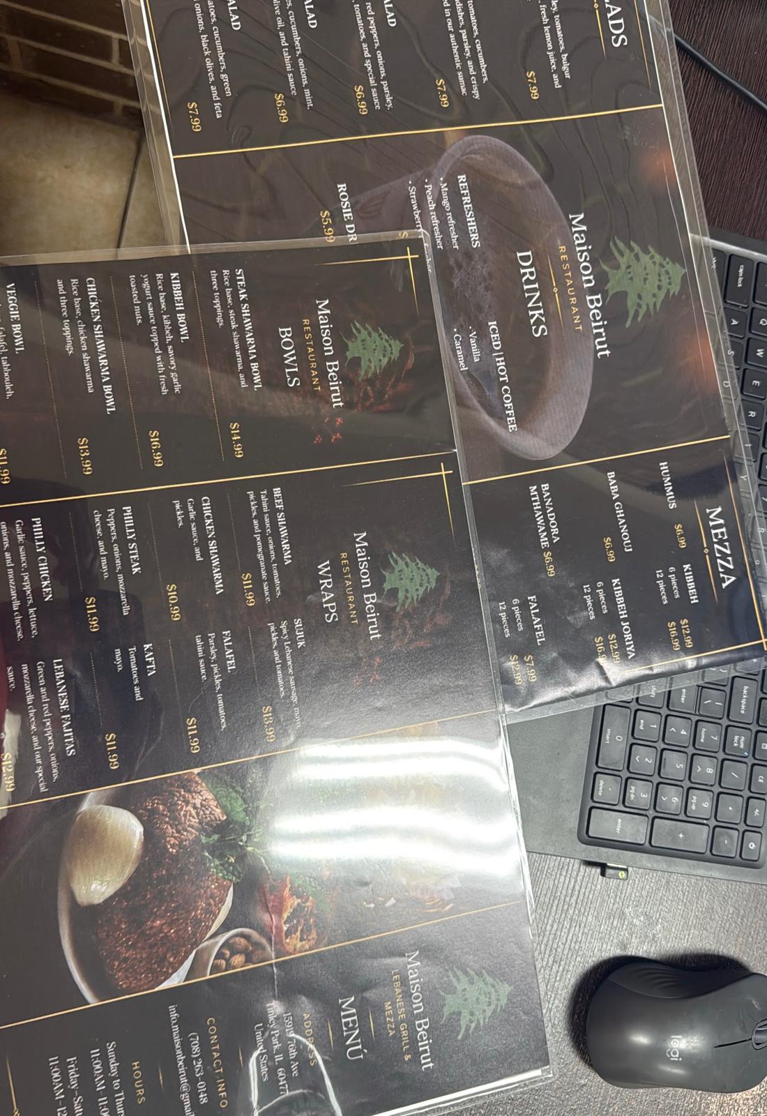 Maison Beirut custom printed and laminated restaurant menus