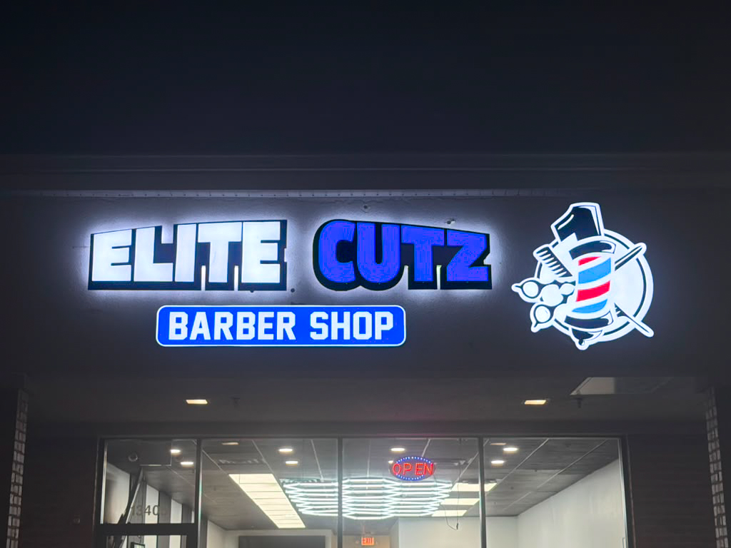 Elite Cutz illuminated channel letter storefront sign
