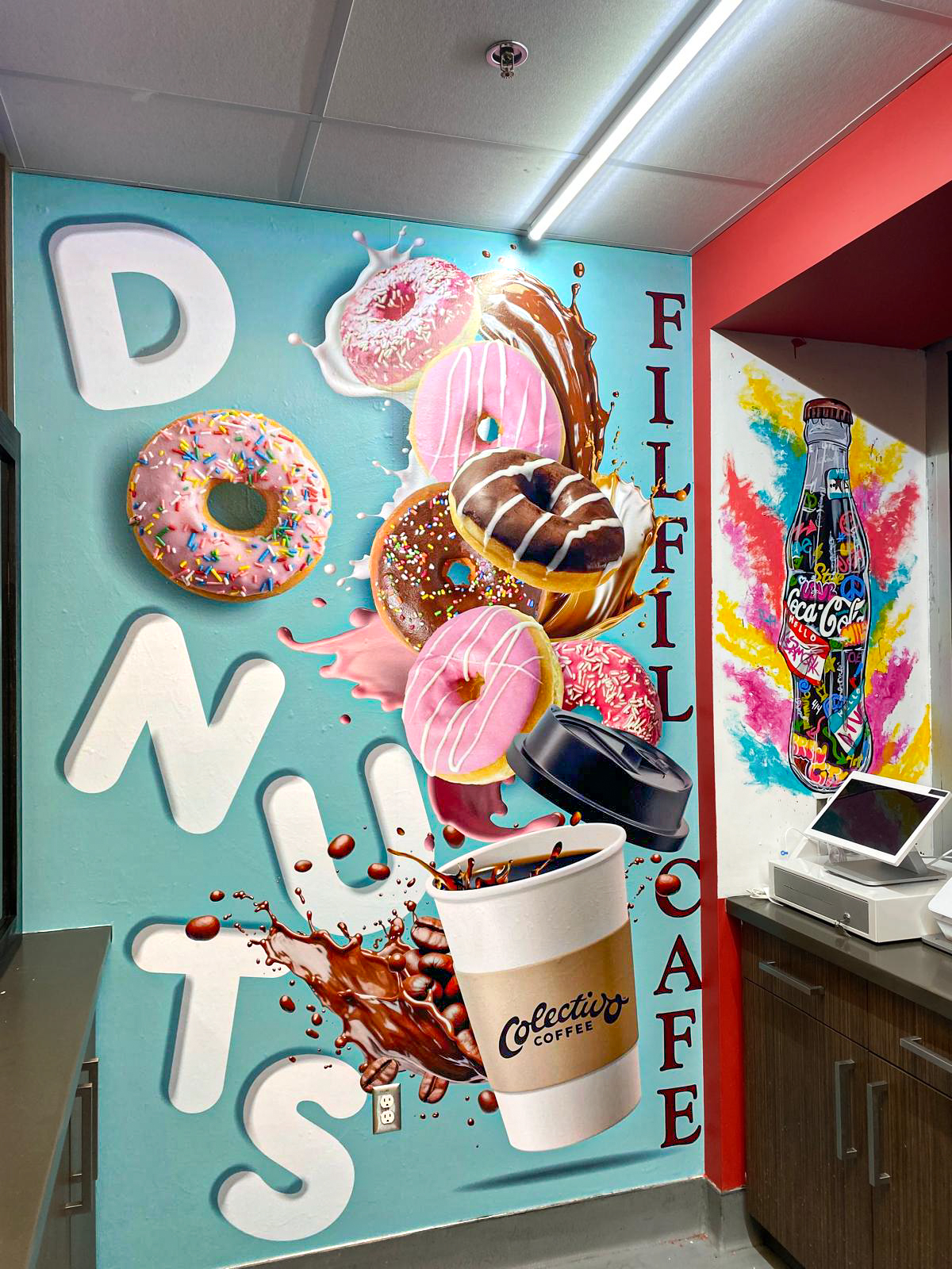 Colorful custom wallpaper creating a bold and engaging coffee shop interior