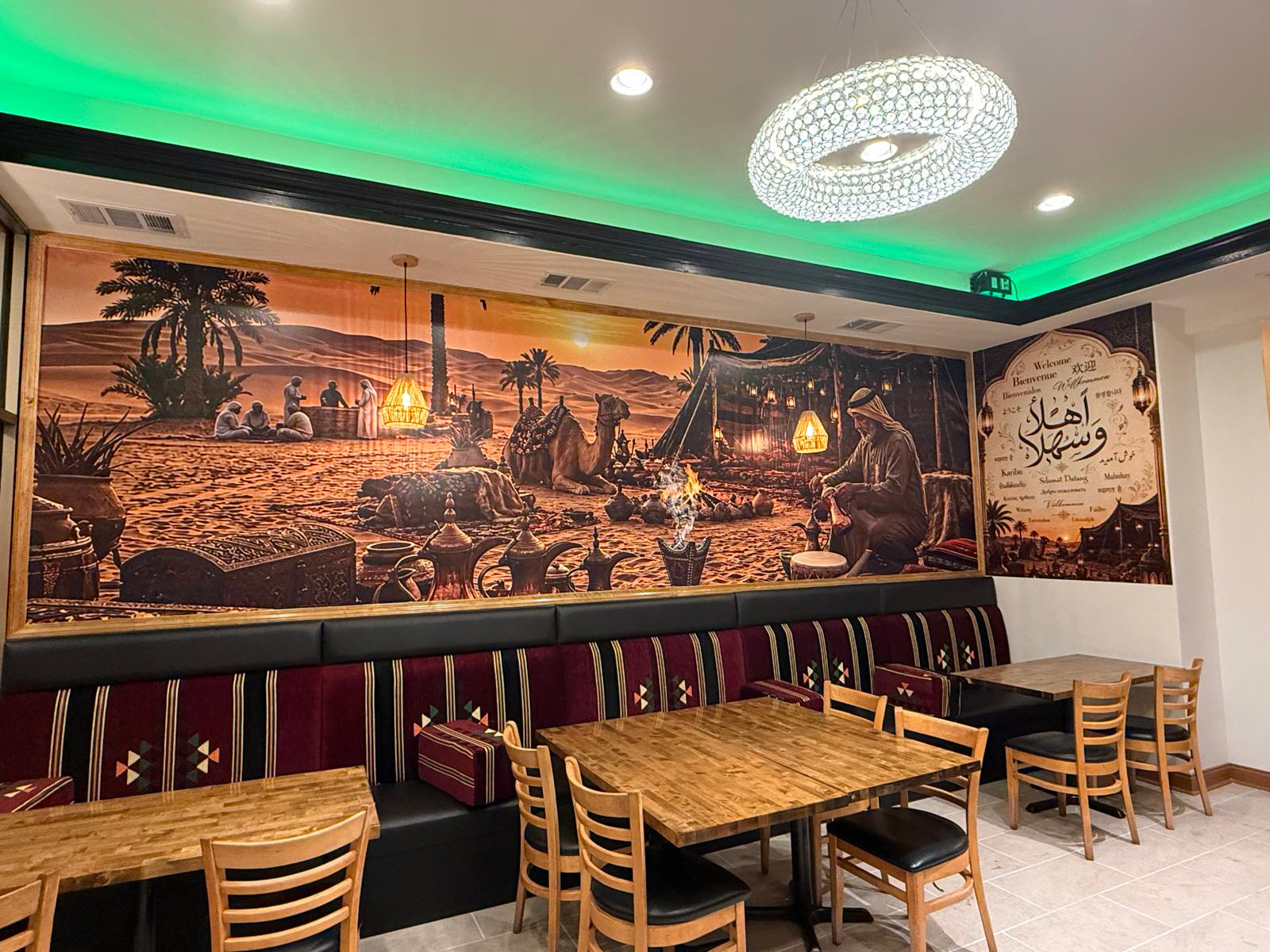 Shawarma & Grill restaurant interior with custom desert-themed wall graphics